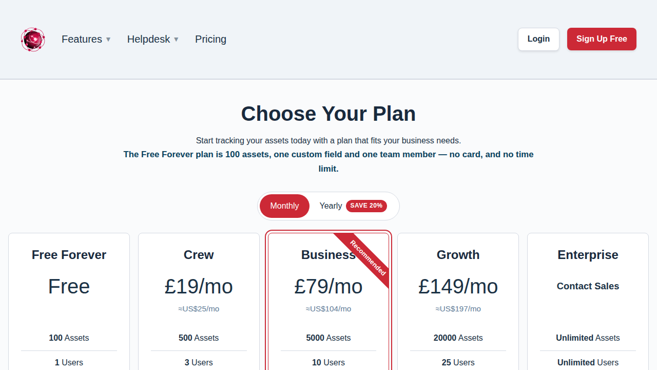 Screenshot — the pricing page showing the available plans and their limits.