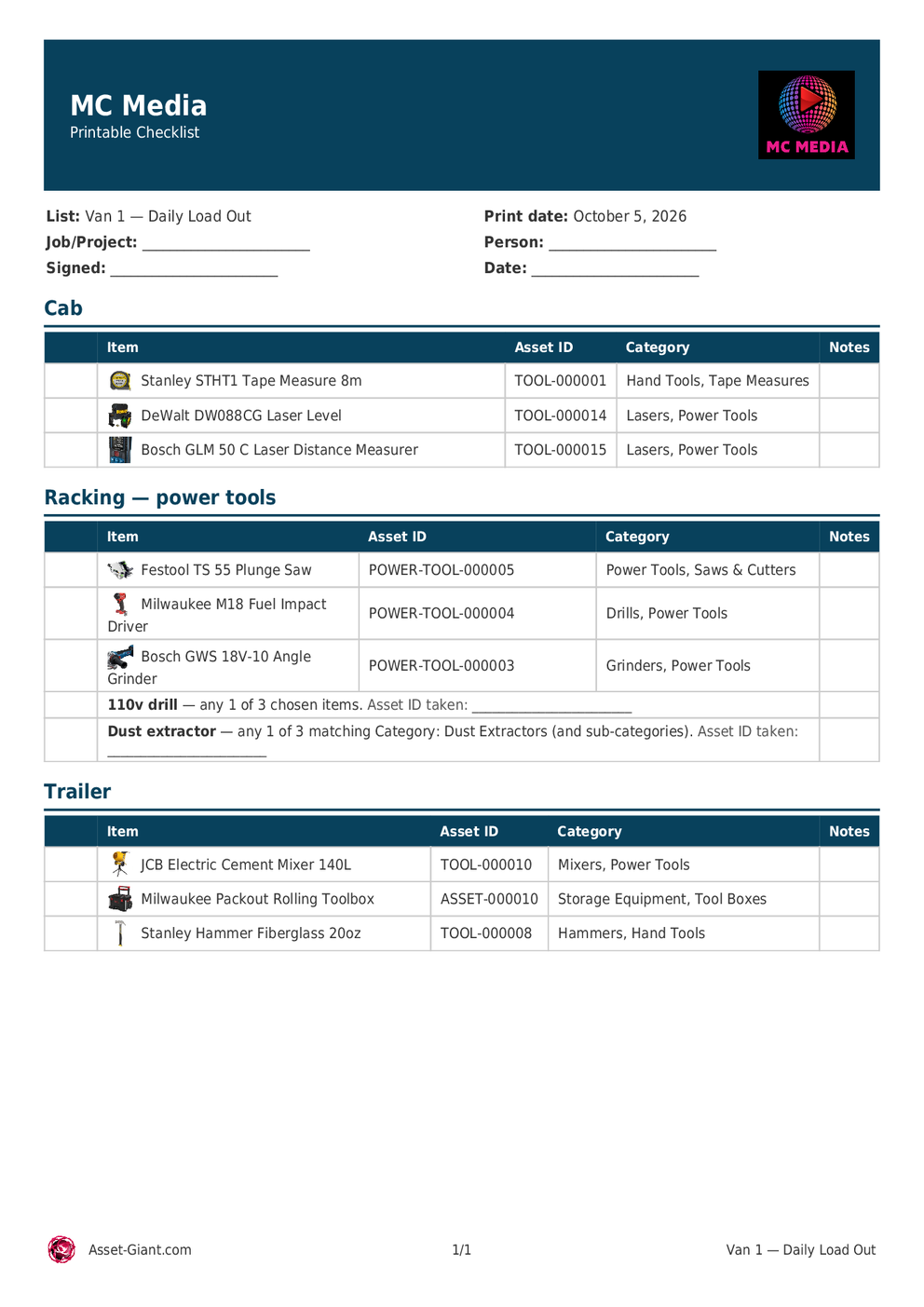 Screenshot of the first page of a printed blank checklist, showing the branded header, the write-on lines for the job, the person and a signature, and the tick-box rows under their section headings