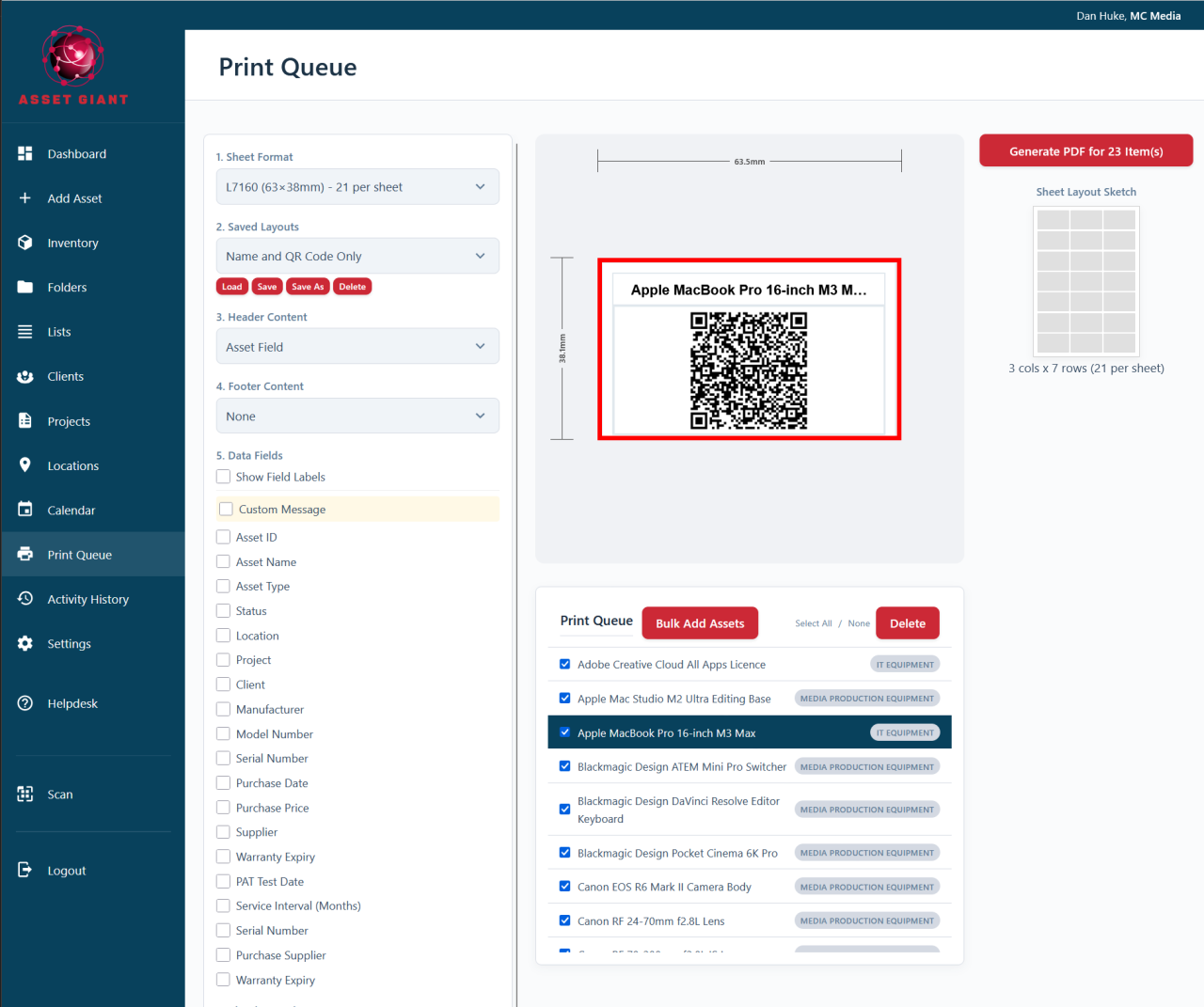 Screenshot — the Print Queue page showing queued items and the print controls.