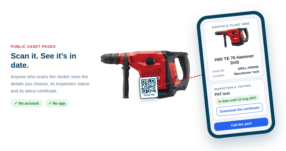 Illustration of a phone scanning the QR sticker on a hammer drill, with the drill's public asset page open on the screen showing a green in-date badge and a certificate download link.