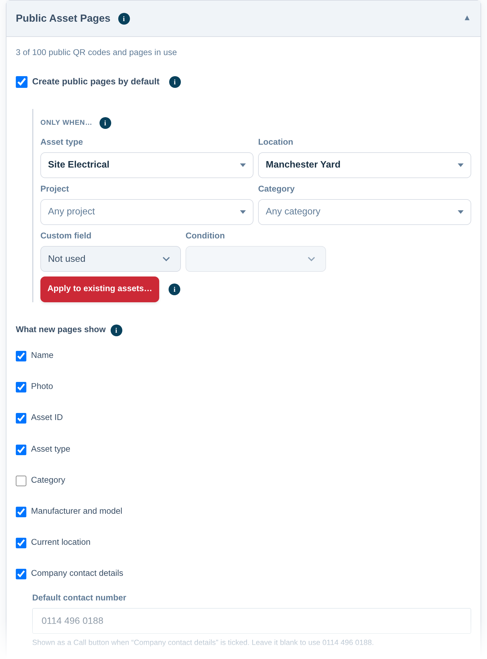 Screenshot of the Public Asset Pages settings card, showing the create-by-default tick box with asset type and location rules and the list of fields a page can show.