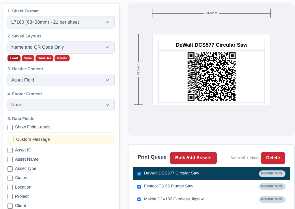 Screenshot — some of the label options in the print queue: sheet size, header and footer content, and which fields to show.