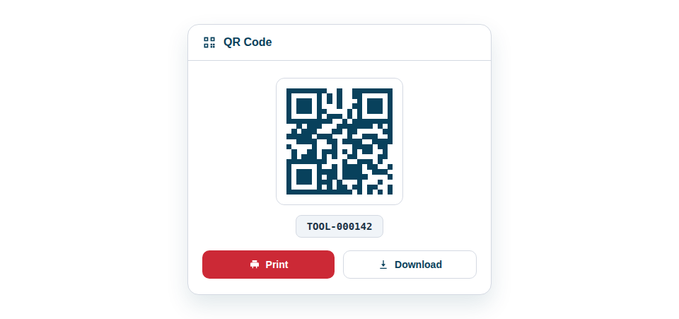 Screenshot — the QR Code card on an asset showing a generated code with its print and download actions.