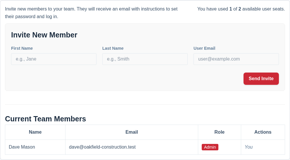 Screenshot — assigning a role to a team member on the Team Management screen.