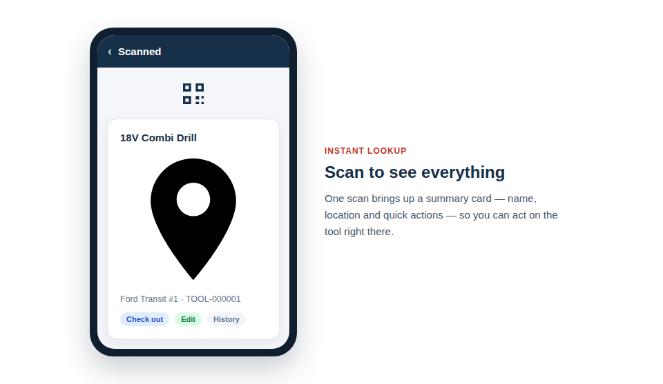 Illustration — scanning a tool, with a summary card popping up showing its name, location and quick actions.