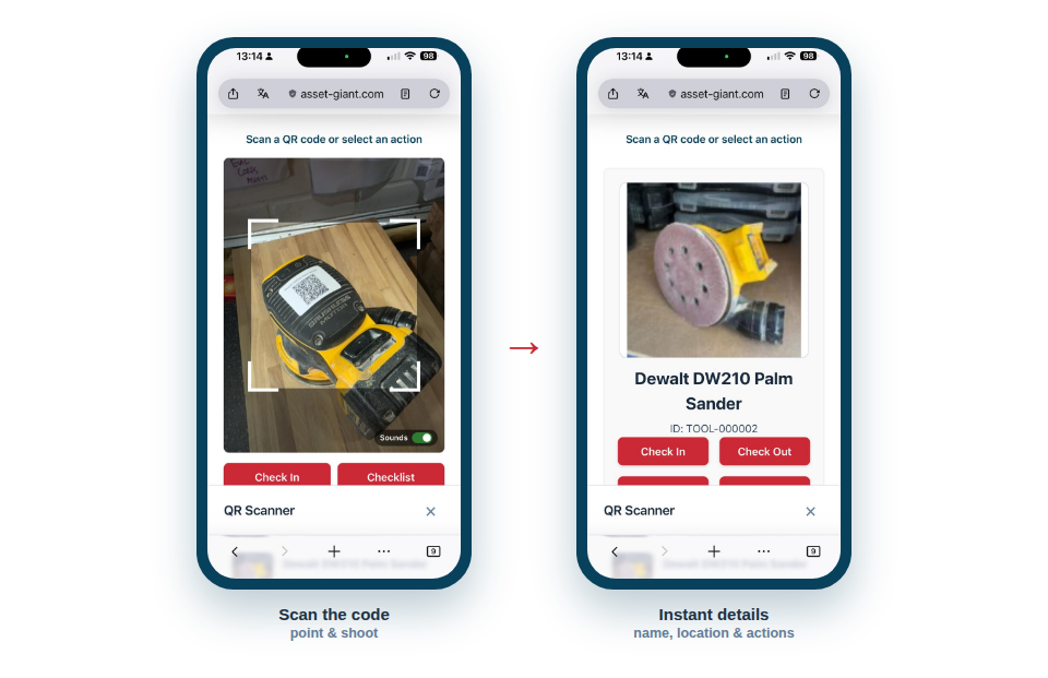 Illustration — scanning a tool, with a summary card popping up showing its name, location and quick actions.