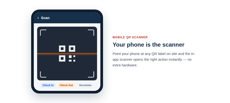 Illustration — a tradesperson on site scanning a tool's QR label with their phone.