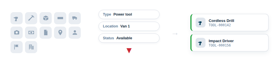 Illustration — a large mixed pile of tools narrowing down to a precise short list as filters are applied.