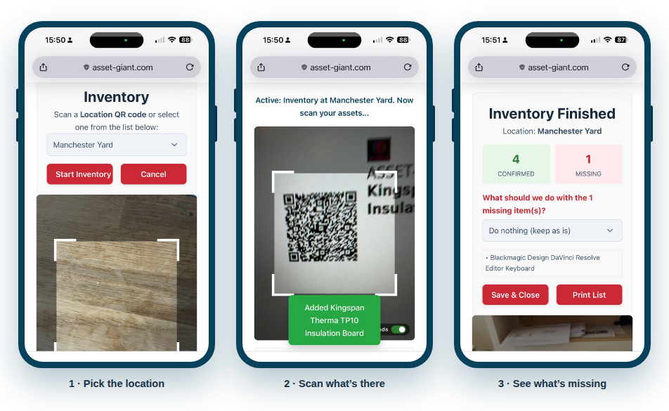Screenshot — the scanner's stocktake mode showing the location prompt and scan progress.