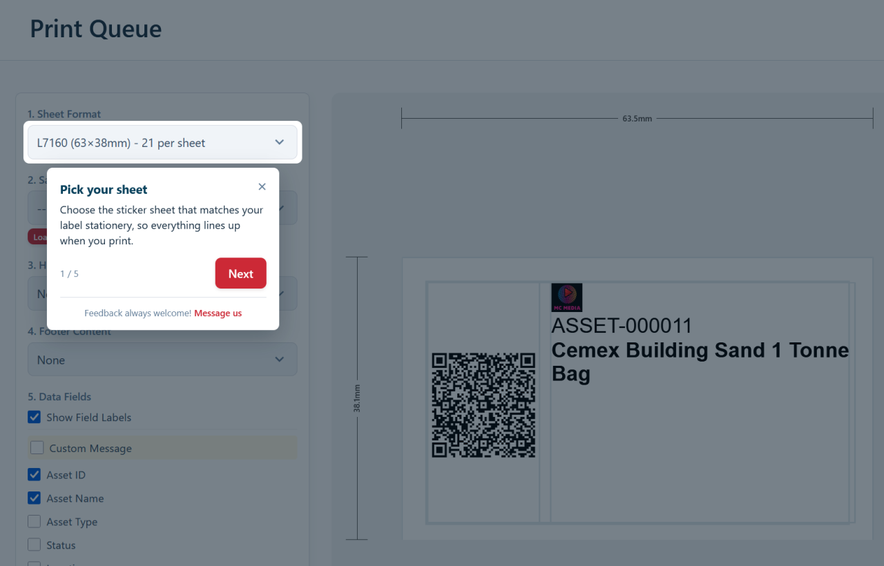 Screenshot — a guided tour tip box pointing at a button on screen, with Back/Next controls and a step counter.