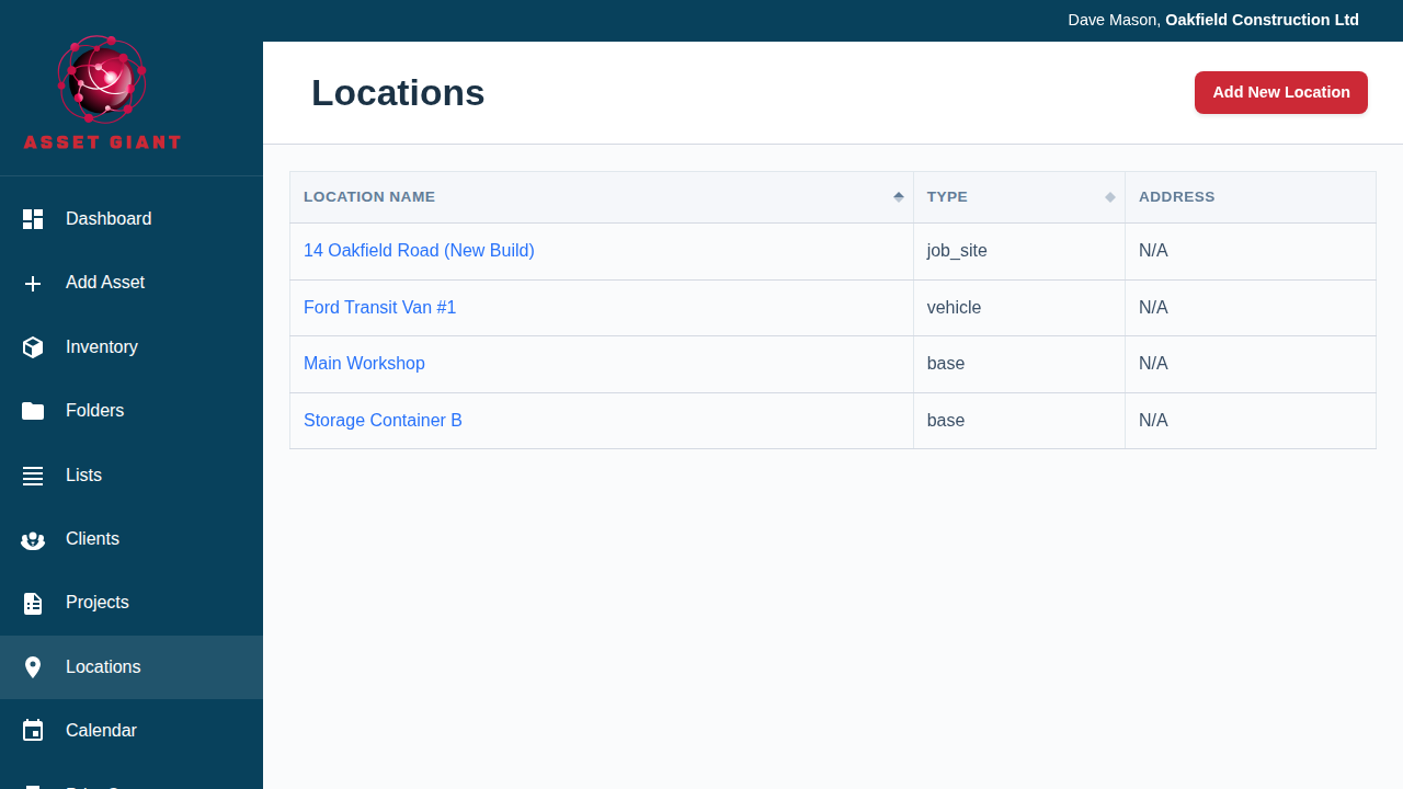 Screenshot — a vehicle location record showing its assigned assets.