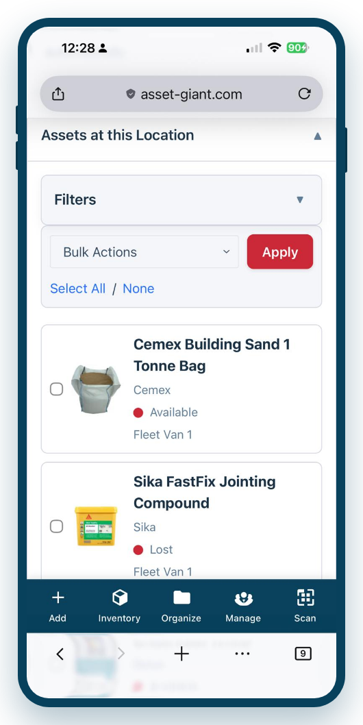 Screenshot — a vehicle's asset list on a phone, showing the kit currently on board.