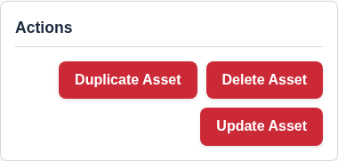 A screenshot of the Actions card showing the 'Delete Asset' and 'Update Asset' buttons.