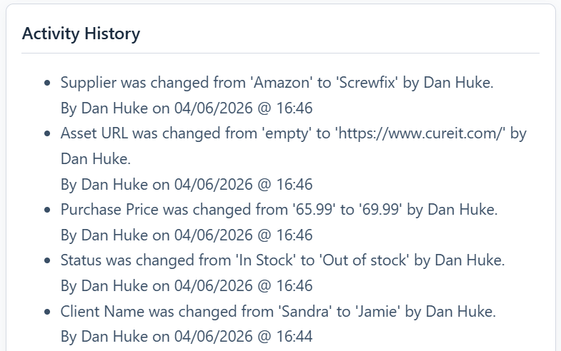 A screenshot of the Activity History card, showing recent changes with user names and dates.