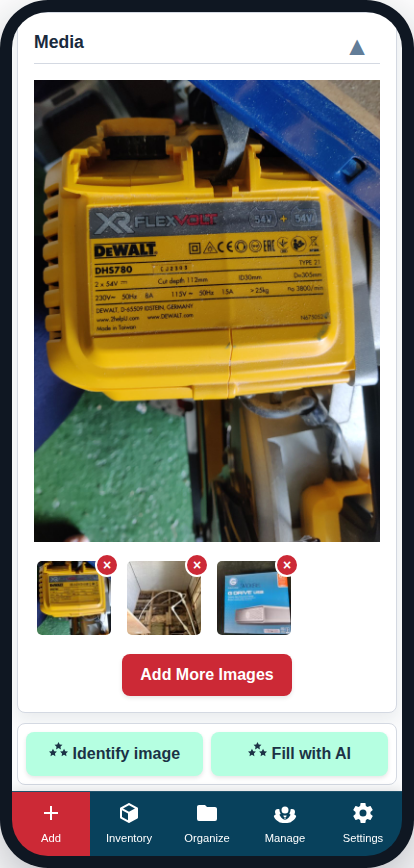 An animation showing a user uploading a photo of a drill, clicking 'Identify Image', and watching the form fields populate automatically.