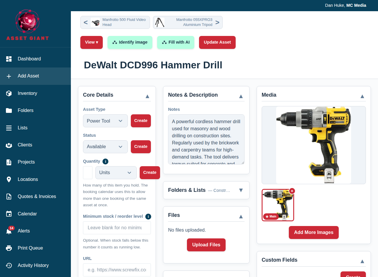 A full-screen screenshot of the Add/Edit Asset page, with callouts pointing to different cards like 'Core Details', 'Media', and 'Assignment'.