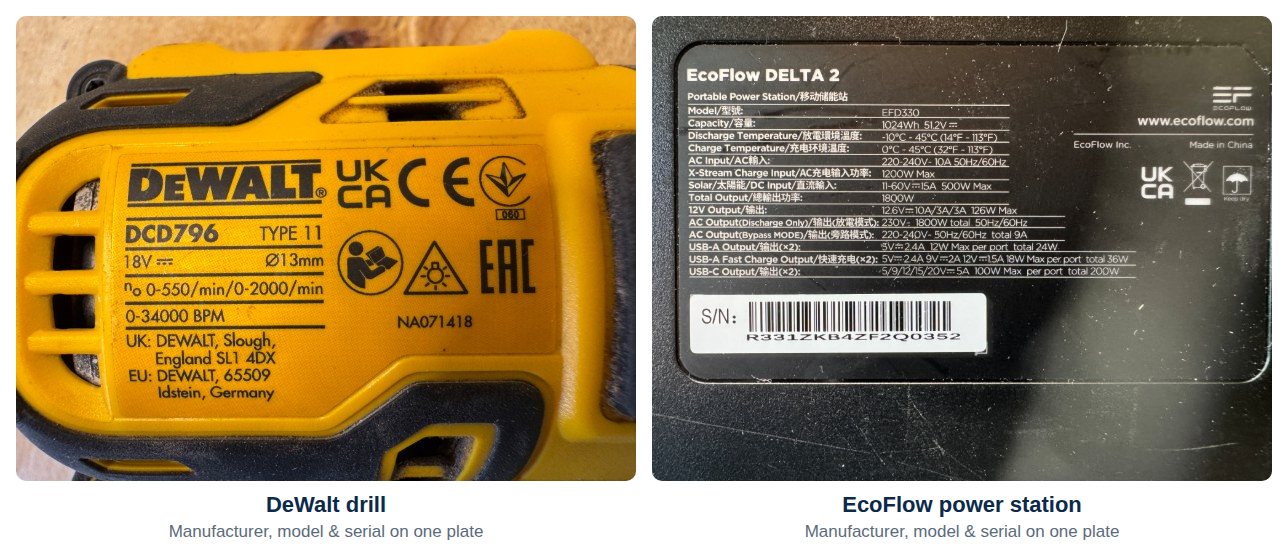 Two rating labels that work well — a DeWalt drill (DCD796) and an EcoFlow DELTA 2 power station, each showing the manufacturer, model number and serial number on a single plate.