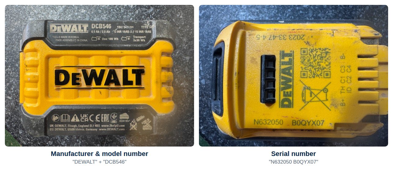 Two photos of the same DeWalt battery — one showing the manufacturer and model number, the other showing the serial number.