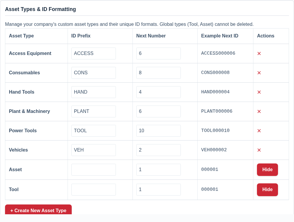 Screenshot of the Asset Types management table in the Settings -> Preferences page.