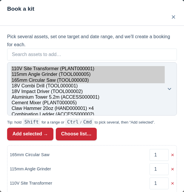 The booking form opened from a project, with several assets added to the selection panel ready to reserve in one action.