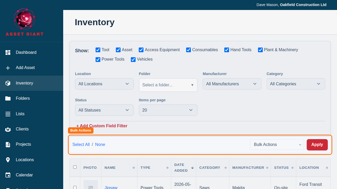 A screenshot of the bulk actions bar at the top of the inventory list.