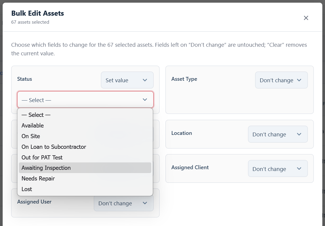 The bulk edit window, showing each field with a "Don't change" dropdown beside it.