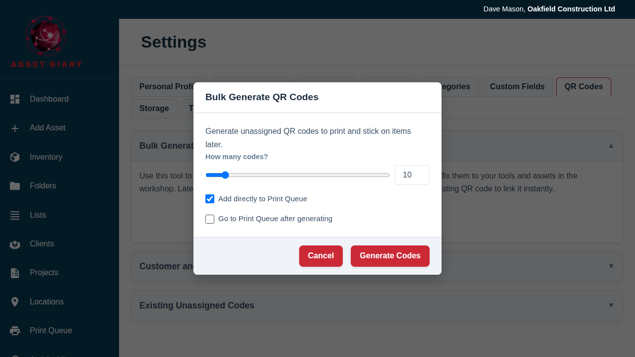 Screenshot of the Bulk Generate QR Codes modal.