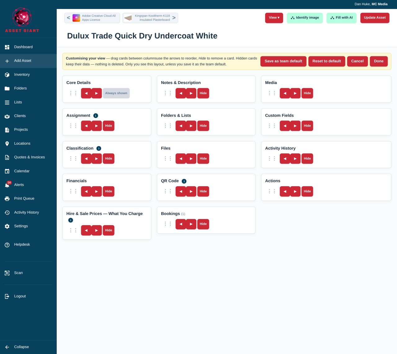 Customise view on desktop, showing drag handles, column arrows and a Hide button on each card.