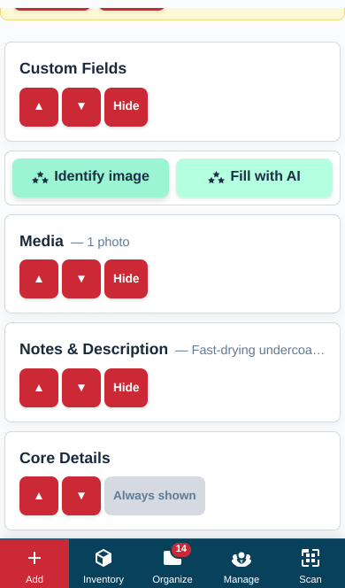 Customise view on a phone, showing a card with up and down arrows and a Hide button.