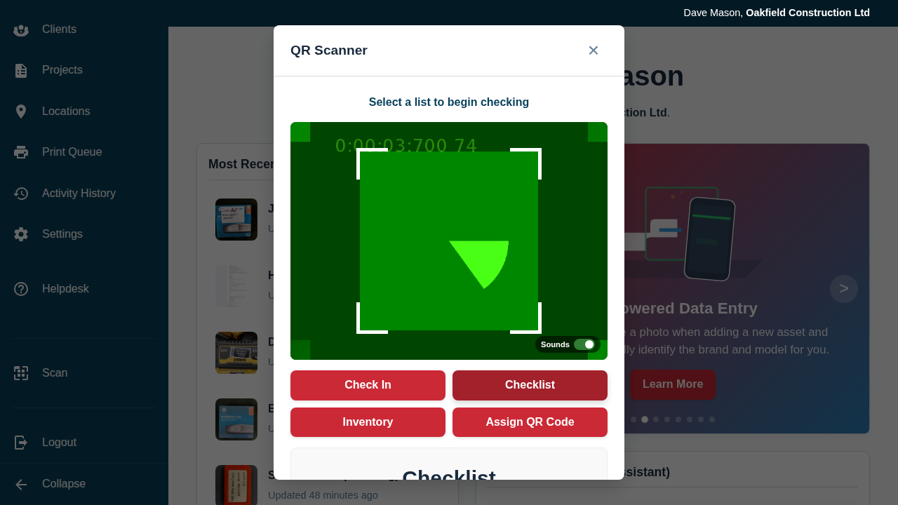The scanner interface showing the list selection dropdown for the Checklist mode.