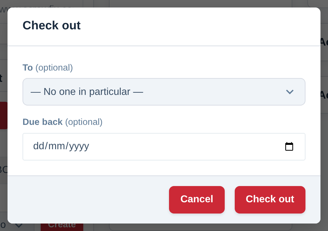 The Check out box on an asset's Assignment card, with the To dropdown, the Due back date and the Check out button.