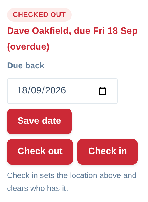 The top of the Assignment card for a checked-out editing keyboard: the red Checked out pill with the holder's name and an overdue due-back date, the Due back date field with its Save button, and the Check in button.