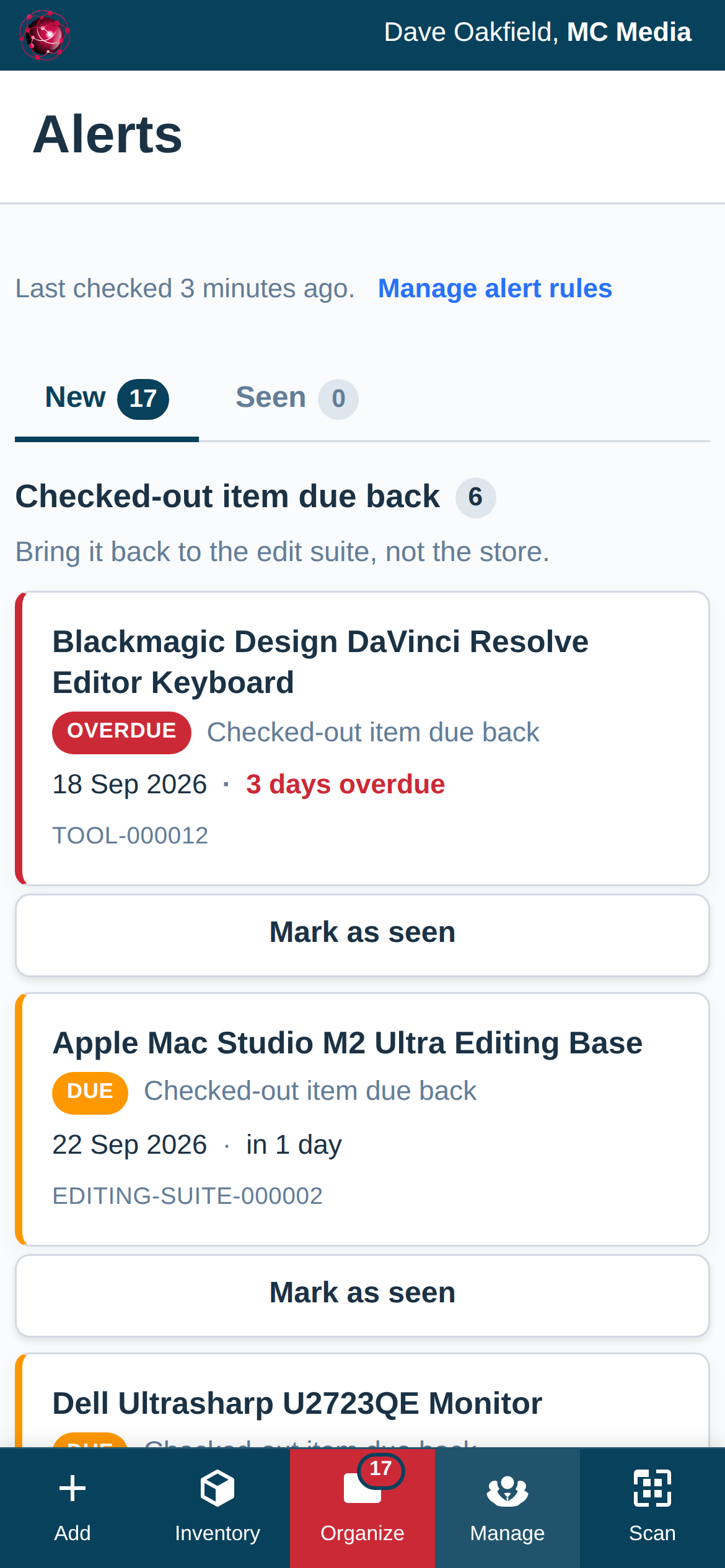The Alerts page on a phone with the Checked-out item due back rule: an overdue row for an editing keyboard with the date it was due, and rows for items due back tomorrow.