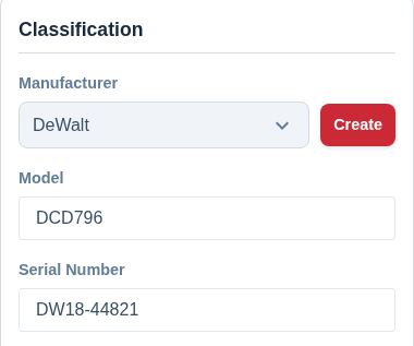 Screenshot of the top half of the Classification card, showing the Manufacturer, Model, and Serial Number fields.
