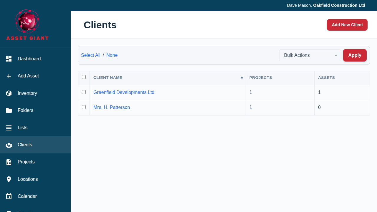 A screenshot of the 'Project History' tab on the client page, showing a list of jobs.