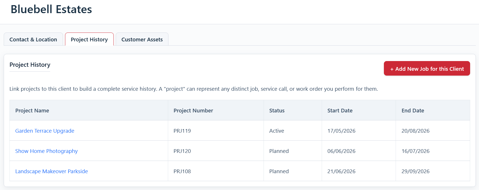 A screenshot of the 'Project History' tab on the client page, showing a list of jobs.