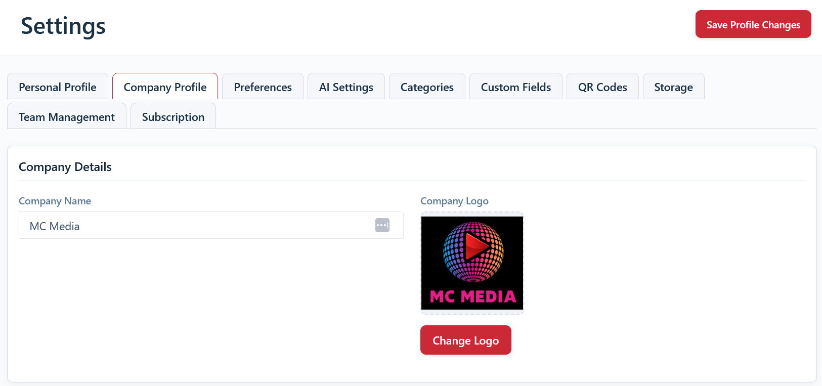 Screenshot of the Company Profile settings page.