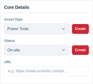 A screenshot of the Core Details card, showing the Asset Type, Status, and URL fields.