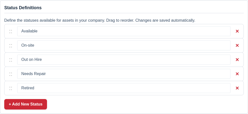 A screenshot of the Status Definitions card in the Preferences settings, showing a list of statuses.