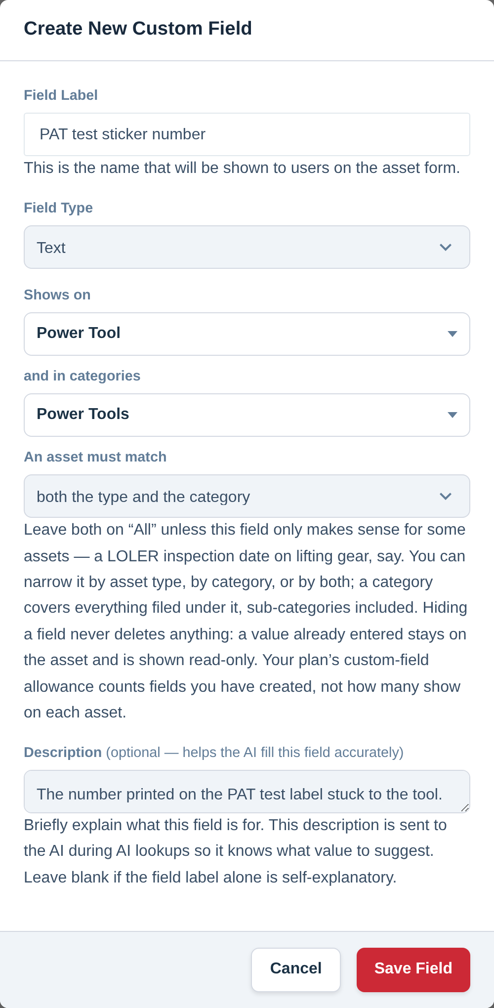 The Create New Custom Field sheet, with Shows on narrowed to the Power Tool asset type and the Power Tools category and the both-or-either switch below them