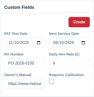 Screenshot of the Custom Fields card showing several example fields filled out, like a date for 'Next Service Date' and text for 'PO Number'.