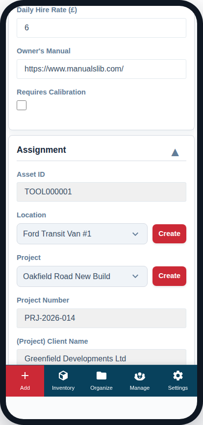 The Custom Fields card on a phone.