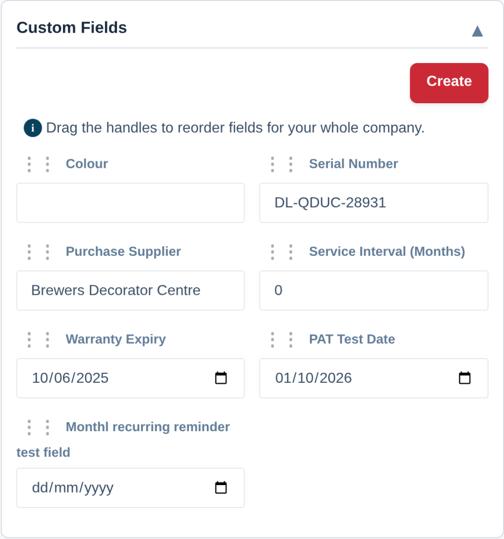 Drag handles beside each custom field inside the Custom Fields card, for an admin.