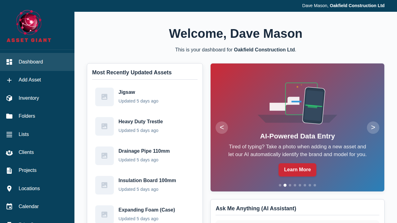 A full-screen screenshot of the main user dashboard.