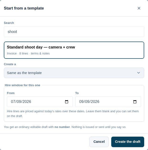 The Start from a template picker with a shoot-day template selected and a three-day hire window set