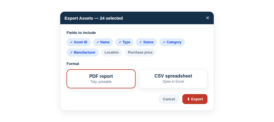 A screenshot of the Export Assets modal, which appears after clicking the 'Export List' button.