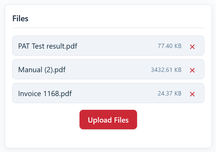 Screenshot of the Files card showing a list of uploaded documents, like a PDF manual and a JPG receipt.