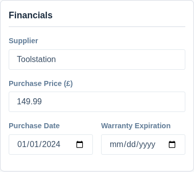 A screenshot of the Financials card showing all four fields.