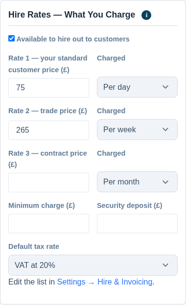 The Hire Rates card on a cinema camera, with a standard day rate, a trade week rate and the default tax rate set