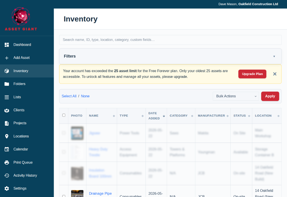 A screenshot of the inventory viewer showing some rows blurred out, with a banner at the top explaining the user is over their limit.